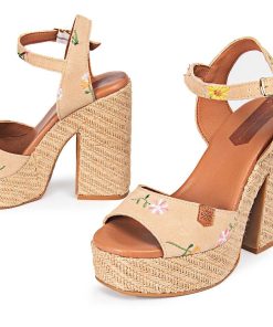 Mujer POPA BRAND Sandalias | Sandalia Tacon Plataforma Saladeta Bordado Arena Serraje